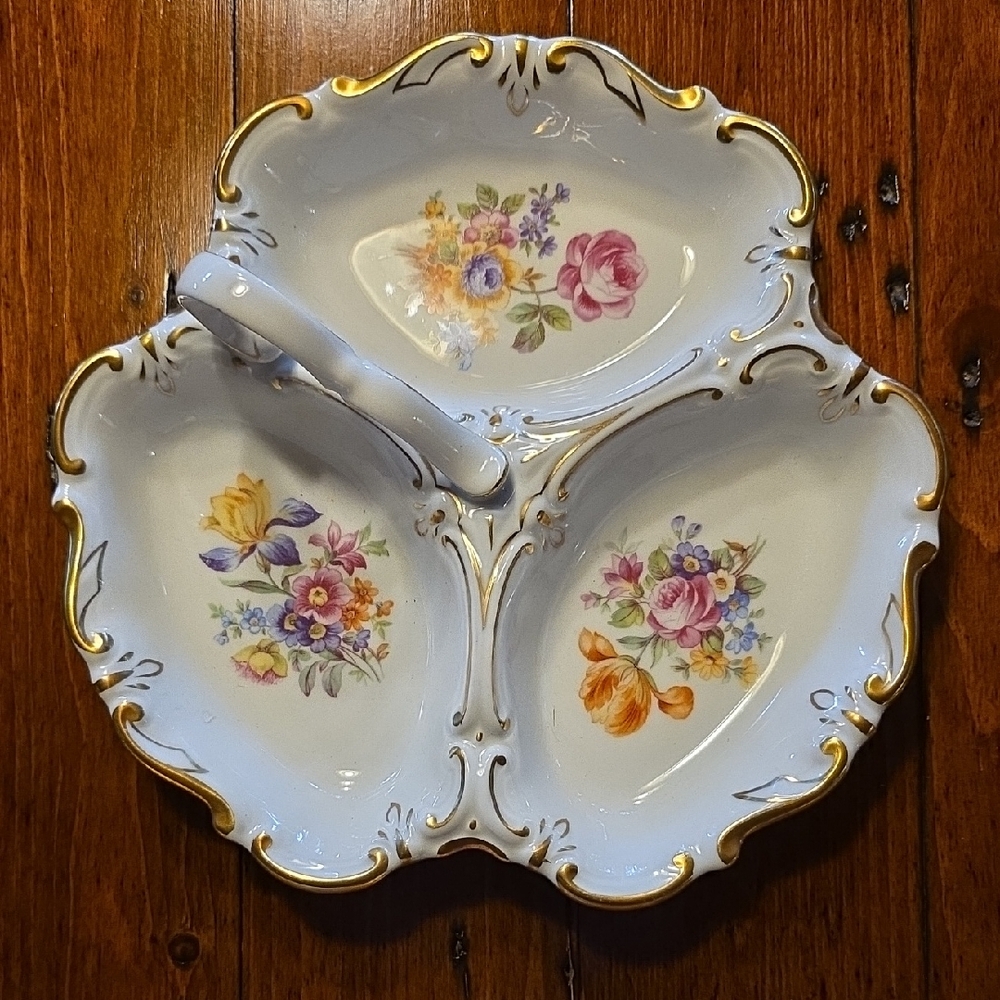 Beautiful 3 Part Serving Dish With Delicate Handle. Made In East Germany.